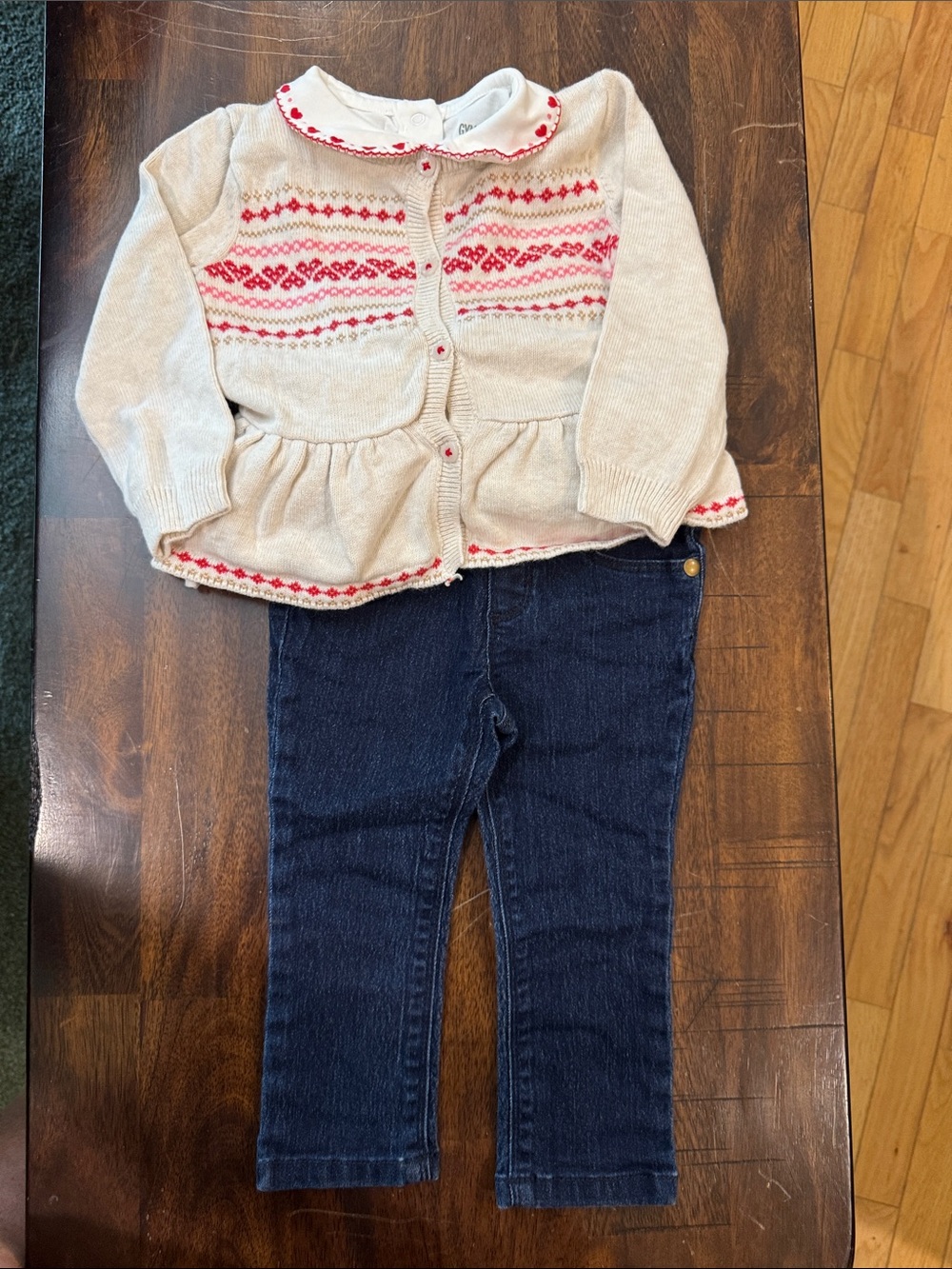Gymboree 3 piece set Fair Isle Peplum Cardigan with onesie shirt and leggings.